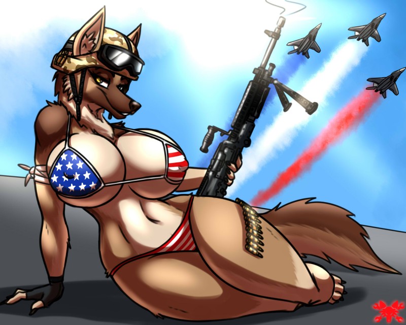 aircraft airplane american_flag american_flag_bikini anthro armor big_breasts bikini biped black_nose breasts cleavage clothed clothing curvy_figure eyebrows eyelashes female fingerless_gloves flag flag_bikini flag_clothing flag_print flag_swimwear gloves gun handwear headgear helmet holidays huge_breasts jet looking_at_viewer m240 machine_gun nipple_outline pose print_bikini print_clothing print_swimwear ranged_weapon sitting solo swimwear two-piece_swimsuit united_states_of_america vehicle voluptuous weapon wide_hips tacticalfur 4th_of_july canid canine canis domestic_dog german_shepherd herding_dog mammal pastoral_dog 5:4 compression_artifacts hi_res