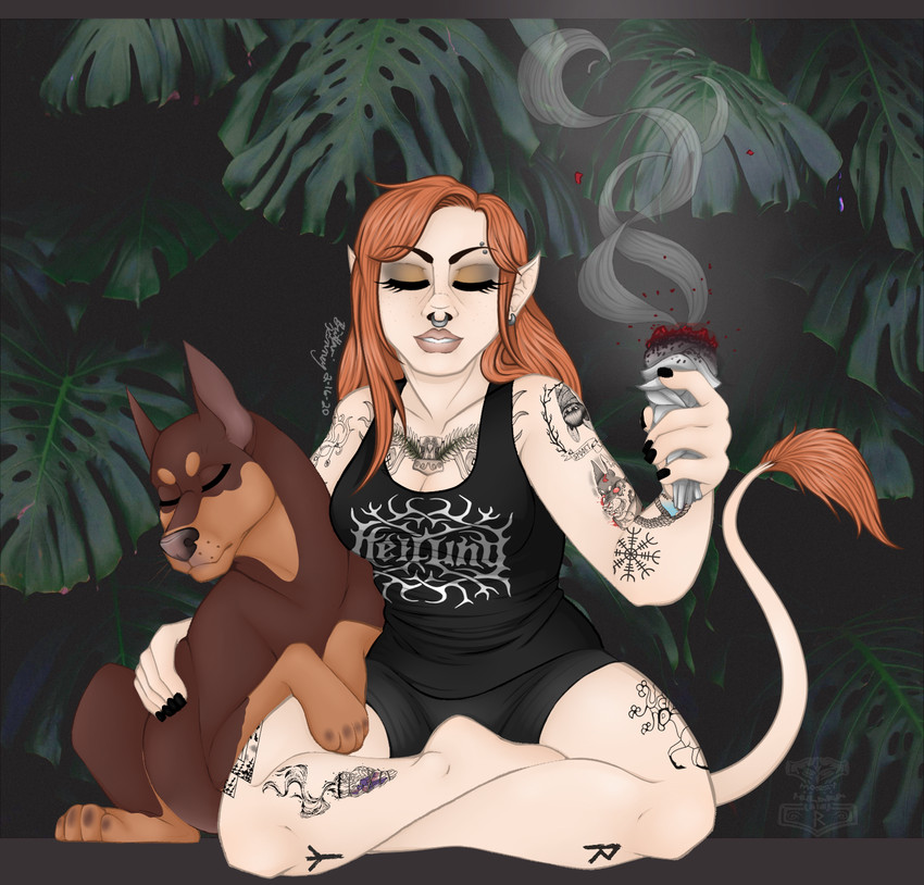 duo female feral forest humanoid_pointy_ears norse plant pointy_ears tattoo tree mossyhuldra mossy canid canine canis dobermann domestic_dog huldra humanoid mammal pinscher hi_res