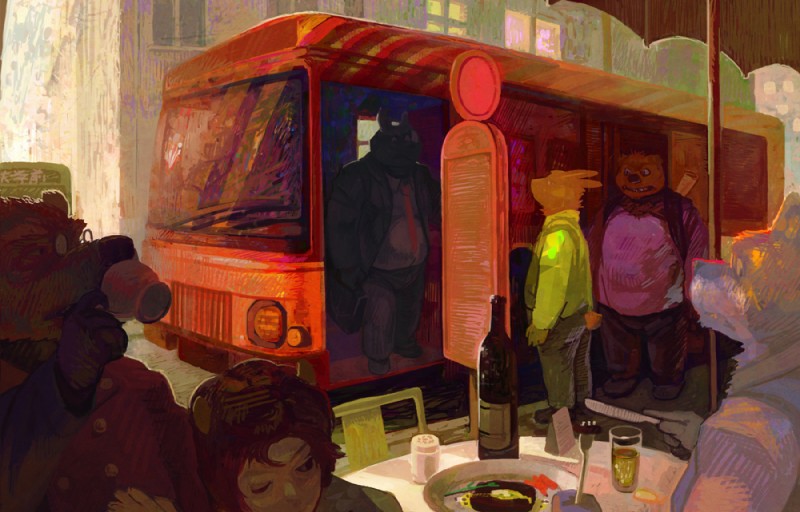 bus bus_stop commercial_vehicle container cup eyewear female furniture glasses group male outside public_transportation sitting standing table vehicle vehicle_for_hire moto_(pixiv) motogen bear canid canine human lagomorph leporid mammal rabbit rhinoceros