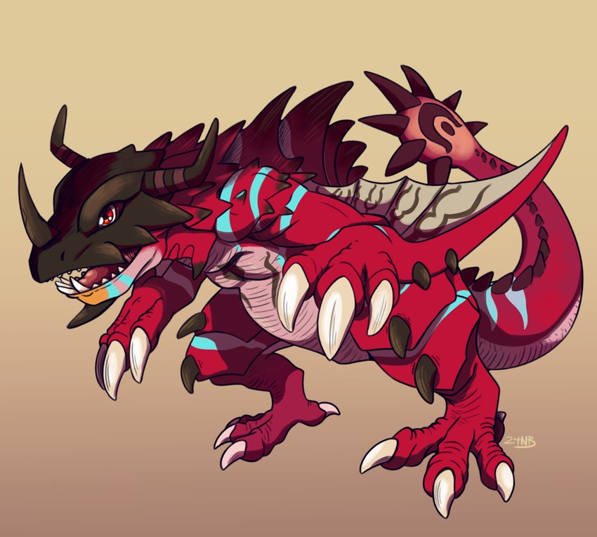 armor claws feral headgear helmet horn male red_body red_scales scales sharp_teeth solo striped_body stripes teeth wings 24hoursgyear bandai_namco capcom digimon monster_hunter digimon_(species) flying_wyvern greymon hybrid rath_wyvern rathalos rathgreymon scalie crossover hi_res