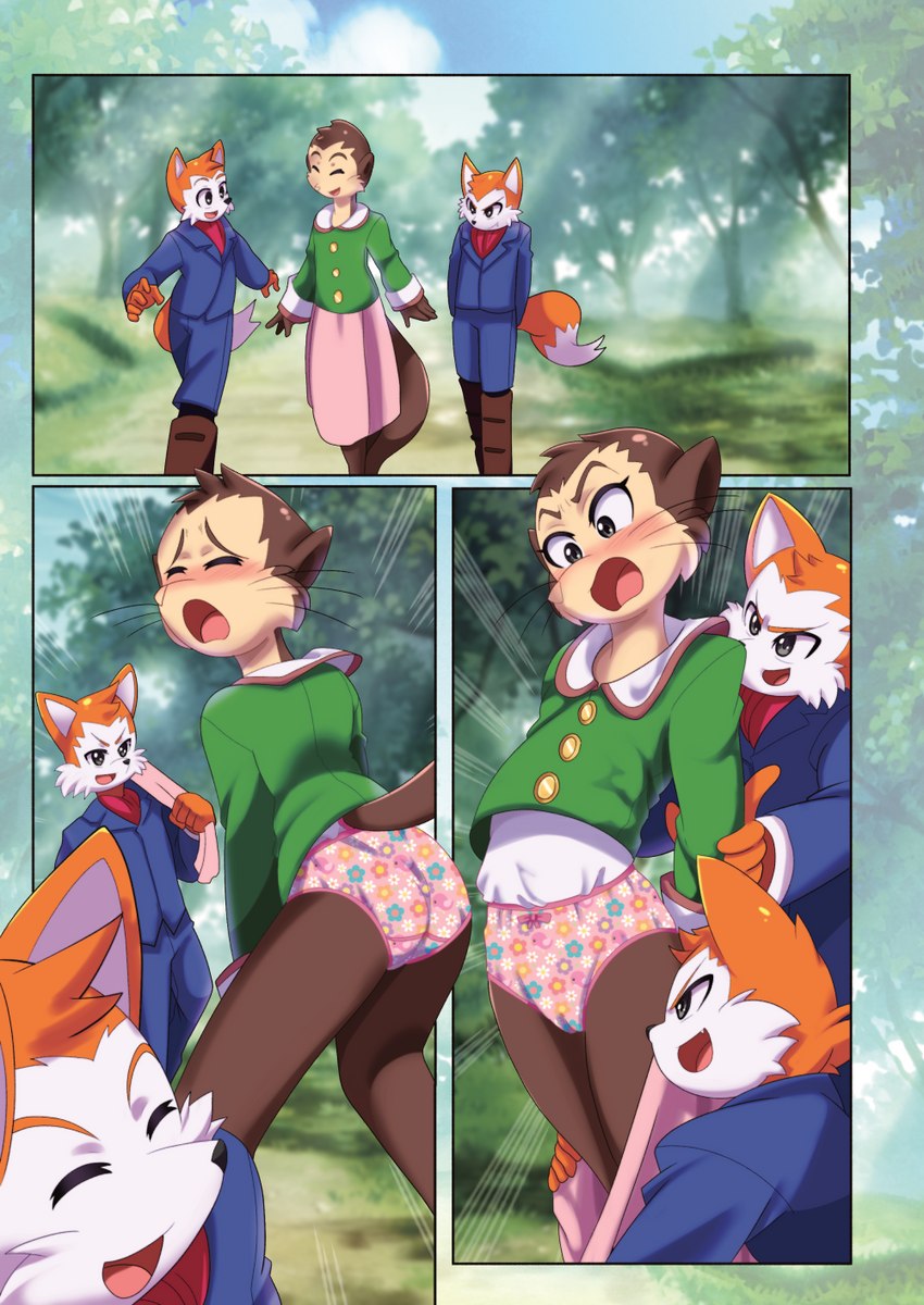 3_panel_comic anthro assisted_exposure biped blue_bottomwear blue_clothing blue_pants blush bottomwear brown_body brown_fur childish_panties clothing clothing_removed clothing_theft colored_edge_panties embarrassed exposed_panties female floral_pattern floral_pattern_panties floral_pattern_underwear flower_panties flower_underwear forest fur green_clothing green_shirt green_topwear group humiliation male orange_body orange_fur outside panties pants pattern_bottomwear pattern_clothing pattern_panties pattern_underwear pink_bottomwear pink_clothing pink_panties pink_skirt pink_underwear plant public public_exposure public_humiliation shirt skirt skirt_removed skirt_theft stealing tail topwear tree trio underwear walking euf-dreamer rupert_bear ottoline_otter canid canine fox mammal mustelid otter 2021 comic hi_res