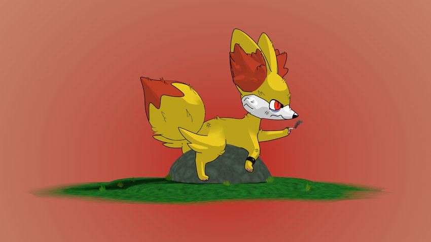 ambiguous_gender angry bruised bruised_face bruised_leg cigarette cigarette_in_hand eye_bags feral fur gradient_background grass pawpads plant red_background red_eyes rock shock_anklet simple_background sleep_deprived smoking smoking_cigarette solo tail tired tired_expression wounded yellow_body yellow_fur aquinas_audax blender_eevee nintendo pmd:_explorers_of_pain pokemon pokemon_mystery_dungeon spike_chunsoft trash_(explorers_of_pain) canid canine fennekin generation_6_pokemon mammal pokemon_(species) 16:9 3d_(artwork) 4k absurd_res blender_(artwork) digital_media_(artwork) hi_res widescreen male_(lore)