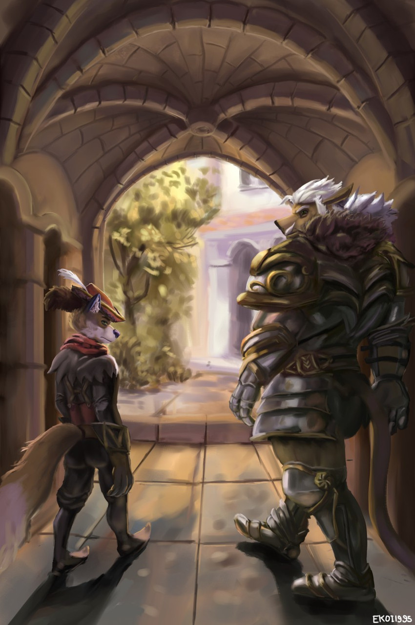 anthro architecture archway armor biped clothed clothing duo fantasy feathered_cap fisheye_lens fluffy fluffy_tail fully_clothed gothic_architecture hair inside male medieval monastery muscular plant rear_view renaissance_architecture stone_floor stone_wall tail tree walking wall_(structure) white_hair ekoi1995 canid canine fox mammal suid suine sus_(pig) wild_boar digital_media_(artwork) digital_painting_(artwork) full-length_portrait hi_res portrait