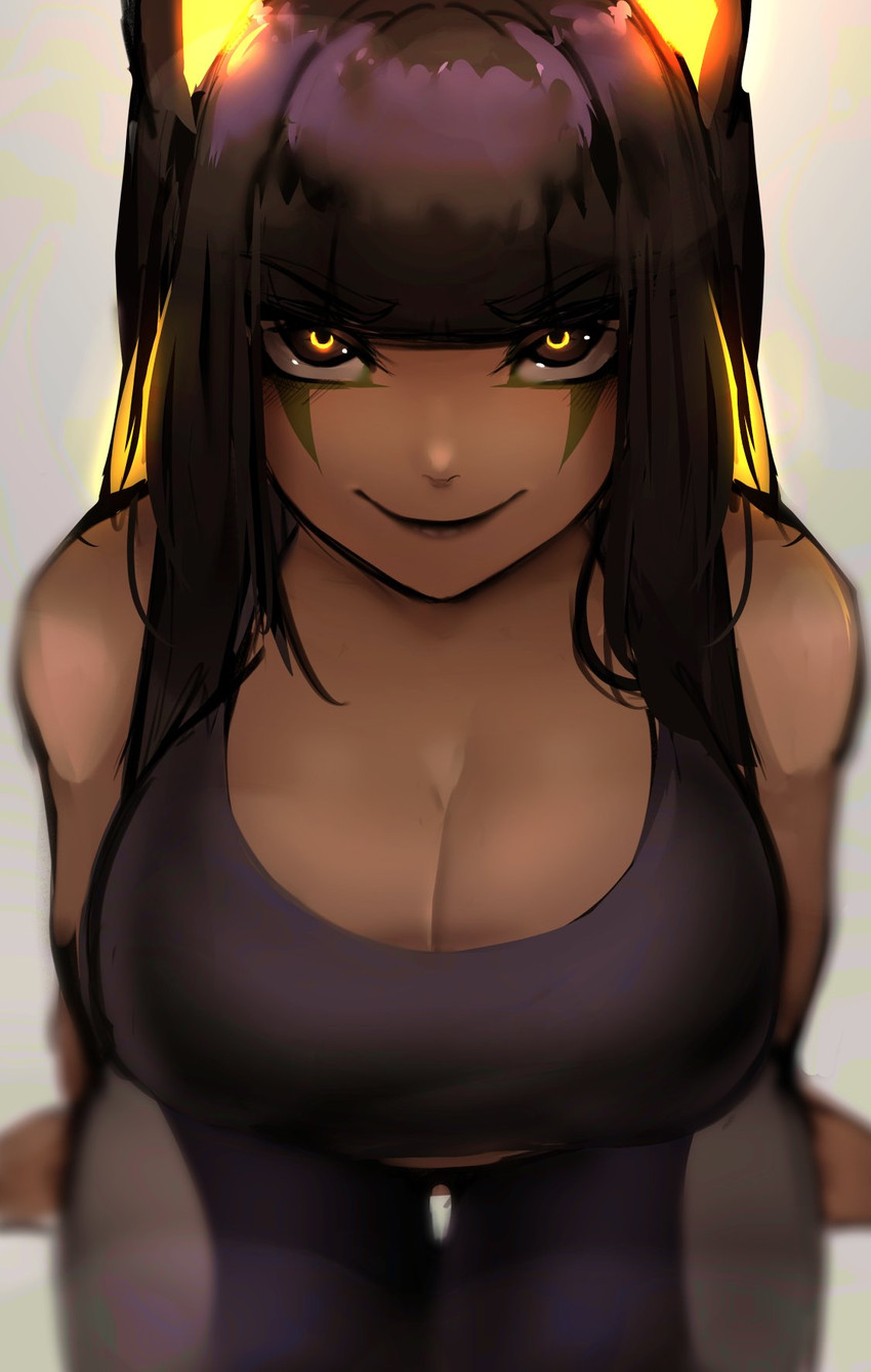 big_breasts biped black_eyes black_hair blonde_hair bra breasts cleavage clothed clothing dark_body dark_skin eye_markings eyelashes female fully_clothed glistening glistening_hair glowing glowing_ears glowing_eyes hair high-angle_view long_hair looking_at_viewer markings multicolored_eyes multicolored_hair simple_background sitting smile solo sports_bra tan_body tan_skin two_tone_hair underwear yellow_eyes animenopls egyptian_mythology middle_eastern_mythology mythology anput animal_humanoid canid canid_humanoid canine canine_humanoid humanoid jackal_humanoid mammal mammal_humanoid hi_res