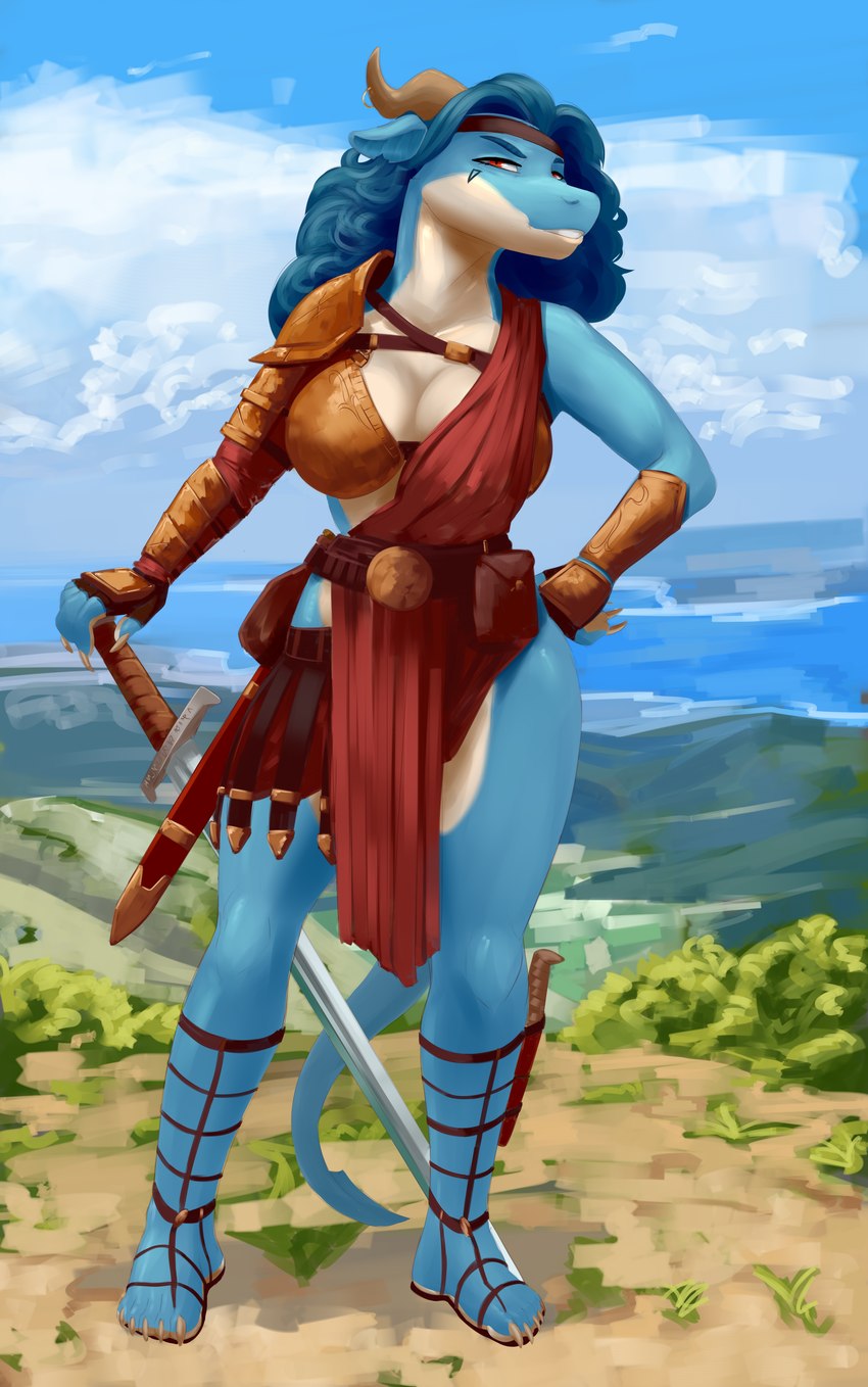 anthro armor blue_hair blurred_background bottomwear clothing colored_nails curled_hair female footwear grass hair hill horn kaldira knife melee_weapon multicolored_body nails plant red_eyes sandals sea shoes skirt solo sword tail tattoo two_tone_body water weapon yellow_nails kelkessel mythology dragon mythological_creature mythological_scalie scalie absurd_res hi_res