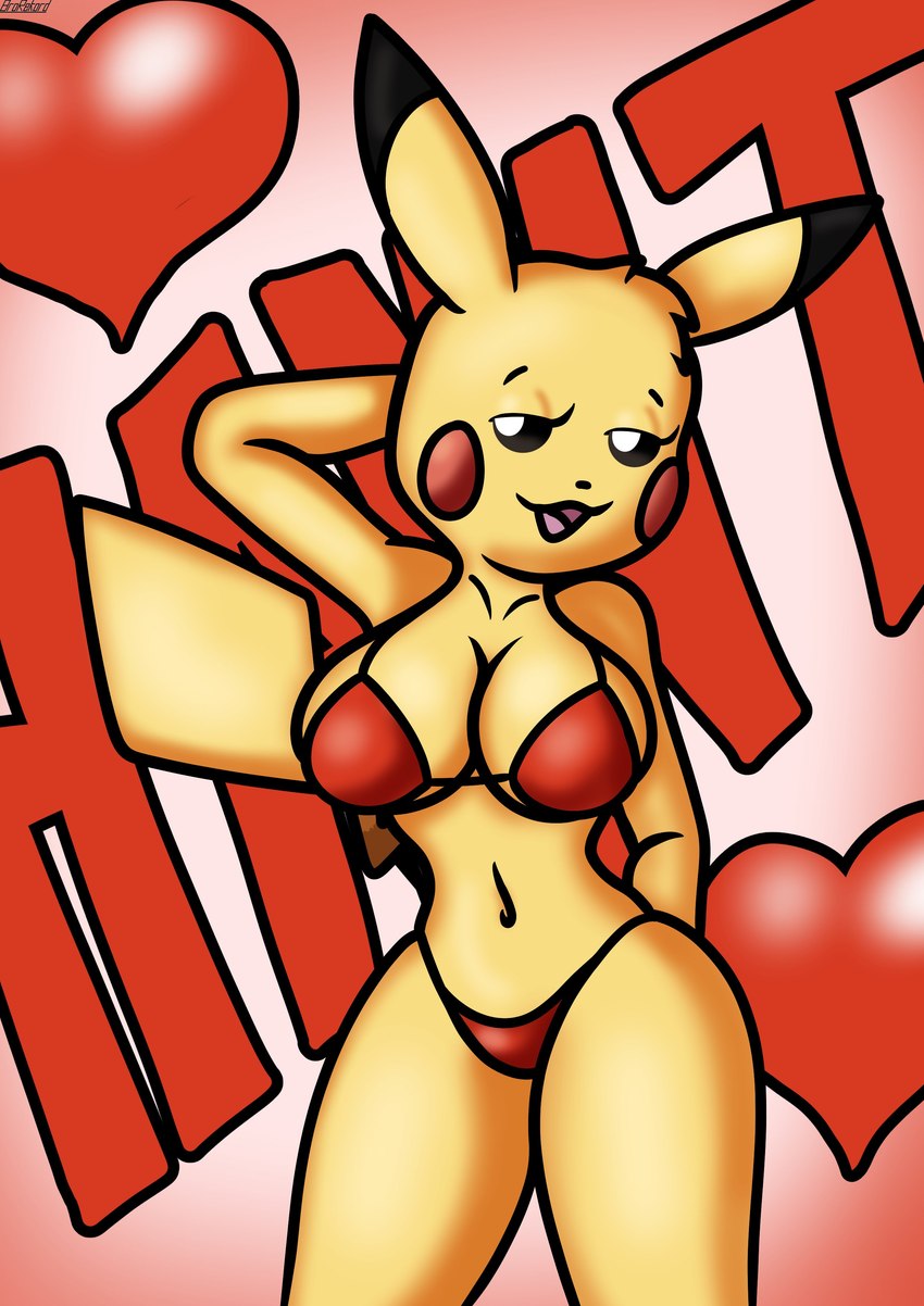 anthro bikini breasts clothing female fur half-closed_eyes heart_symbol narrowed_eyes navel pose red_cheeks simple_background solo swimwear text two-piece_swimsuit yellow_body yellow_fur brokenrekordbro nintendo pokemon pokemon_snap_xxx generation_1_pokemon mammal pikachu pokemon_(species) rodent absurd_res english_text hi_res signature