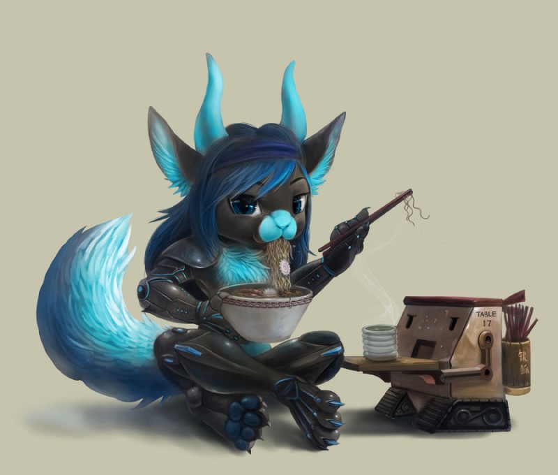 anthro beverage blue_eyes blue_hair blue_nose crossed_legs cybernetics duo eating female fluffy fluffy_tail food hair holding_food holding_object horn looking_at_viewer machine narutomaki noodles ramen sitting solo_focus tail tea silverfox5213 kitara_cydonis cyborg hybrid mammal