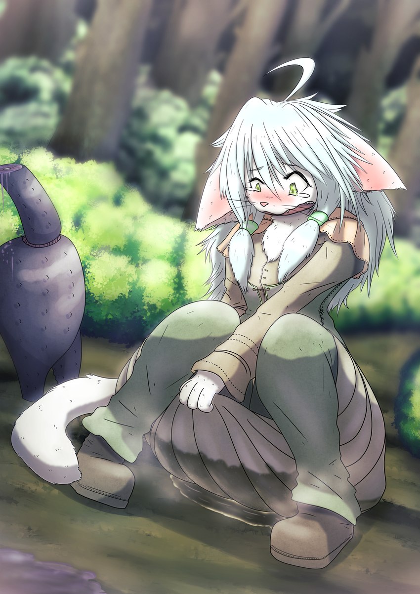 anthro blush bodily_fluids embarrassed female forest fur genital_fluids omorashi open_mouth outside peeing plant solo tears tree urine urine_on_ground urine_pool wetting white_body white_fur mttbsmn lilfi_emmelot domestic_cat felid feline felis mammal absurd_res hi_res