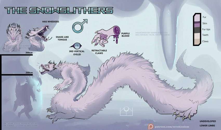 claws fangs fur gore male open_mouth serpentine snow snowing solo standing teeth text white_body white_fur errokioslem hybrid taur english_text full-length_portrait hi_res model_sheet portrait