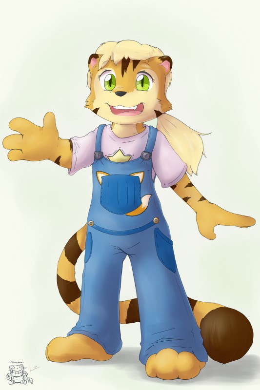 anthro clothed clothing fangs female green_eyes hair looking_at_viewer overalls ponytail smile solo stripes teeth young young_anthro young_female ketsa kara_(furryneko) felid mammal pantherine tiger 2:3 absurd_res digital_media_(artwork) hi_res