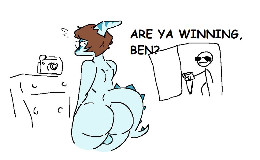 anthro backsack bald balls big_butt blue_body blue_scales bottom_heavy brown_hair bubble_butt butt camera dialogue duo eyewear genitals glasses hair inside long_tail male multicolored_body multicolored_scales nude scales short_hair simple_background spikes spikes_(anatomy) stick_figure sunglasses tail text thick_thighs two_tone_body two_tone_scales walk-in wide_hips unclefruit are_ya_winning_son? cavemanon_studios i_wani_hug_that_gator benjamin_mcknight inco_(iwhtg) dinosaur hadrosaurid human mammal ornithischian ornithopod parasaurolophus prehistoric_species reptile scalie 2023 digital_drawing_(artwork) digital_media_(artwork) english_text meme