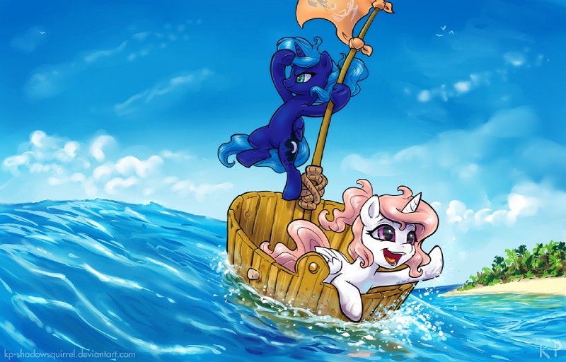 blue_eyes blue_hair boat bucket container cutie_mark detailed_background duo eyelashes feathered_wings feathers female feral flag hair horn in_bucket in_container outside palm_tree pink_hair plant purple_eyes sail tree vehicle water watercraft wings karol_pawlinski friendship_is_magic hasbro my_little_pony mythology princess_celestia_(mlp) princess_luna_(mlp) equid equine mammal mythological_creature mythological_equine winged_unicorn 2015 sibling_(lore) sister_(lore) sisters_(lore)