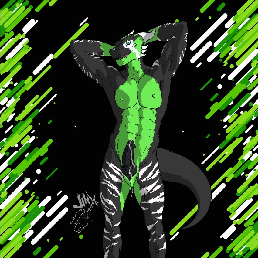 abs animal_genitalia anthro biceps big_muscles black_body black_fur bodily_fluids cum erection flexing fur genital_fluids genital_slit genitals green_body green_fur horn knot looking_at_viewer male muscular muscular_anthro muscular_male nipples nude pecs penis simple_background smile solo standing stripes tail white_body white_fur jinxed_arts mythology dracoil dragon mythological_creature mythological_scalie scalie 1:1 absurd_res hi_res