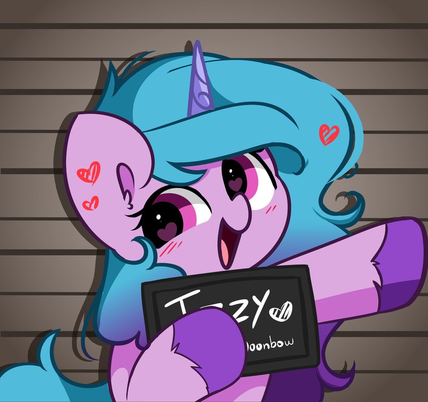 blue_hair blue_tail blush blush_lines body_writing female feral fetlocks fur hair happy holding_object hooves horn long_hair mugshot purple_body purple_eyes purple_fur purple_hooves smile tail unicorn_horn kittyrosie barbie_and_ken_mugshot_meme hasbro mlp_g5 my_little_pony mythology izzy_moonbow_(mlp) equid equine mammal mythological_creature mythological_equine unicorn 2023 absurd_res digital_media_(artwork) hi_res meme