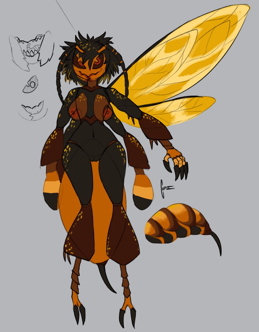 antennae_(anatomy) anthro breasts female genitals hair multi_limb pussy solo spiky_hair stinger tail thick_tail wings cupic arthropod asian_giant_hornet hornet hymenopteran insect vespid wasp hi_res