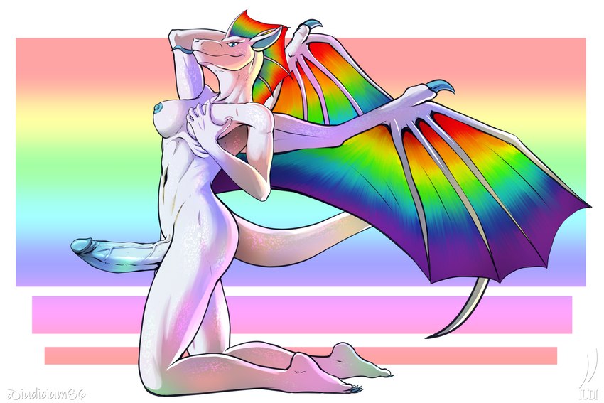 5_fingers anthro big_wings blue_eyes blue_nipples blue_tongue breasts erection fingers frill_(anatomy) genitals gradient_penis gynomorph hand_behind_head hand_on_breast humanoid_genitalia humanoid_hands humanoid_penis intersex iridescent_scales kneeling lgbt_pride long_tail looking_at_viewer membrane_(anatomy) membranous_frill membranous_wings navel nipples non-mammal_breasts nude nude_gynomorph nude_intersex penis pride_colors rainbow_frill rainbow_pride_colors rainbow_wings scales seven-stripe_rainbow_pride_colors solo tail tongue tongue_out vein veiny_penis white_body white_scales wings iudicium86 european_mythology mythology shira_frozenmoon dragon mythological_creature mythological_scalie scalie western_dragon 2022 3:2 digital_media_(artwork) hi_res signature herm_(lore)