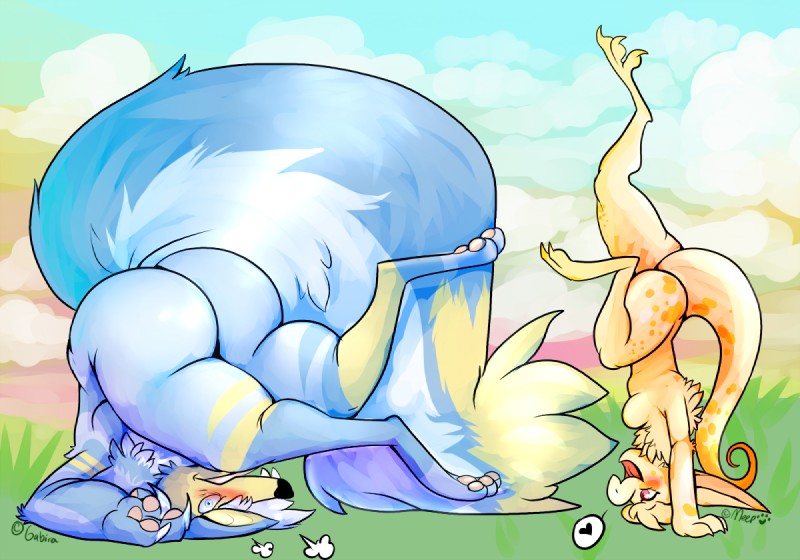 anthro big_butt blue_body blue_fur blush breasts butt duo featureless_breasts female fur handstand heart_symbol nude side_view small_breasts upside_down yellow_body yellow_fur gabira meep_(artist) gabira_(character) scramble_(meep) canid canine mammal artist_collaboration