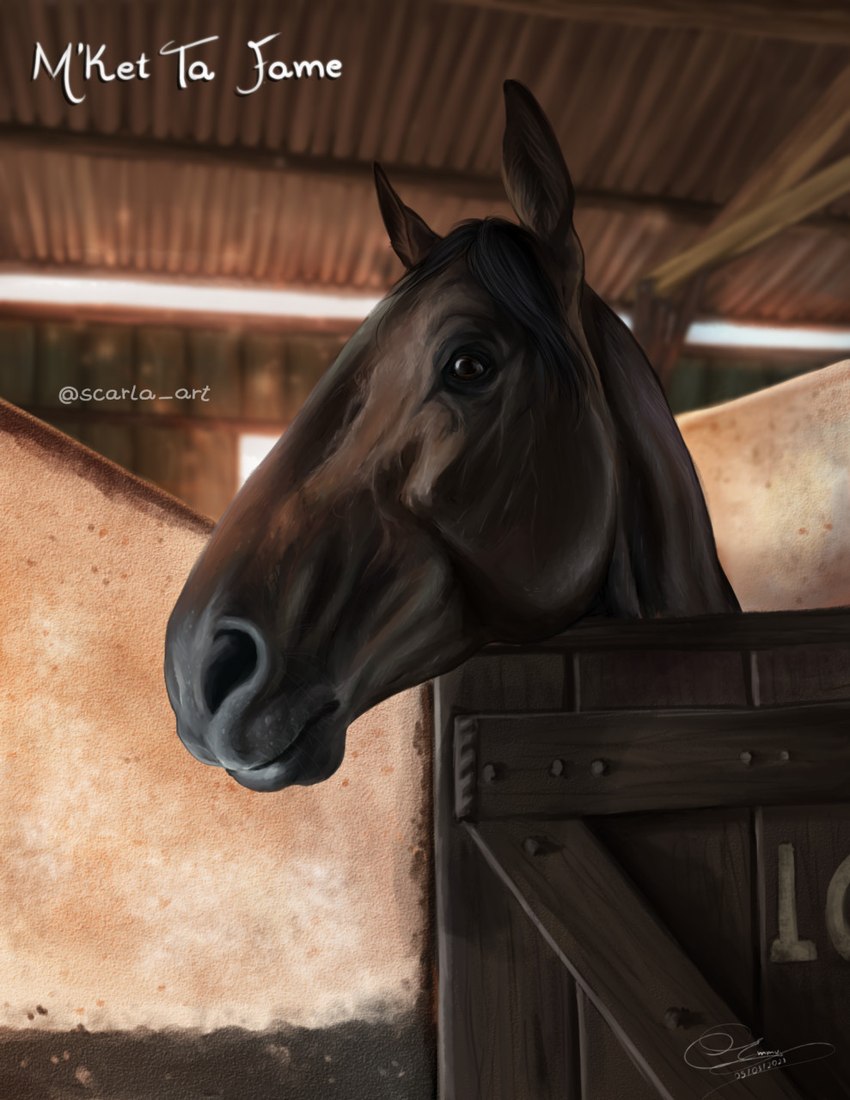 ambiguous_gender black_mane brown_body brown_ears brown_eyes feral inside mane mouth_closed photorealism realistic solo scarlanya equid equine horse mammal detailed hi_res signature