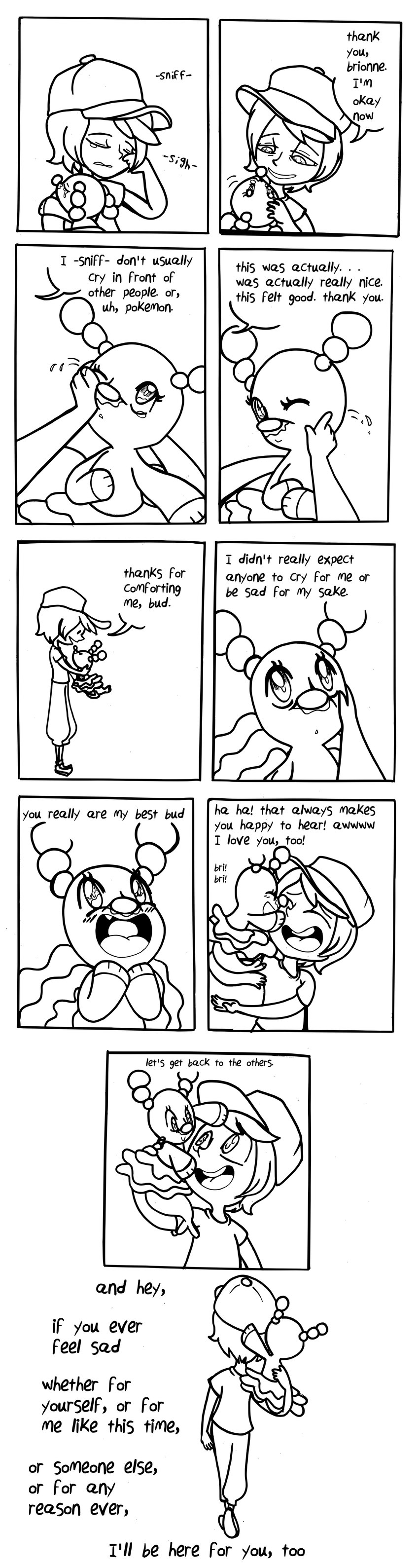 ambiguous_gender bittersweet bodily_fluids crying hug simple_background smile tears text trainer white_background scarlettthetumbler nintendo pokemon brionne generation_7_pokemon mammal marine pinniped pokemon_(species) 2016 absurd_res better_version_at_source black_and_white comic english_text hi_res monochrome