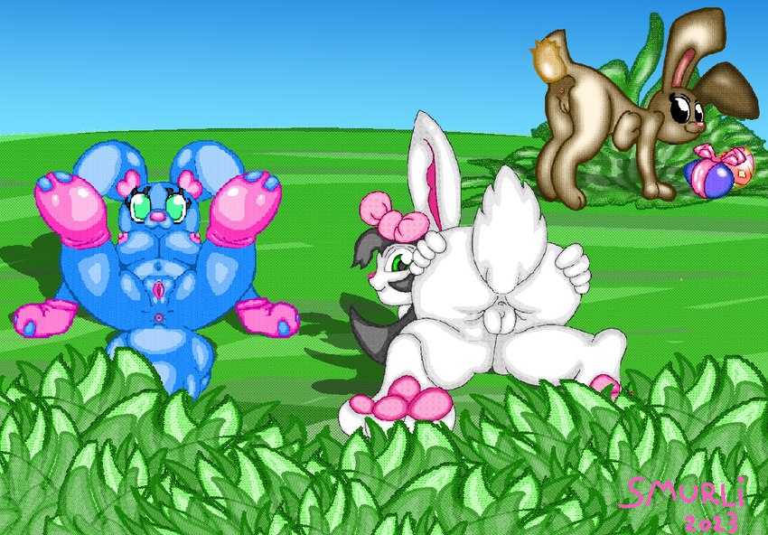 accessory anthro anus black_eyes black_hair blue_body bow_ribbon brown_body easter_egg female genitals grass green_eyes group hair hair_accessory hair_bow hair_ribbon holidays leg_markings markings nude plant presenting presenting_anus presenting_pussy pussy ribbons simple_background socks_(marking) trio white_body smurli easter cotton_bunny_(smurli) easter_bunny fifi_(smurli) lagomorph mammal