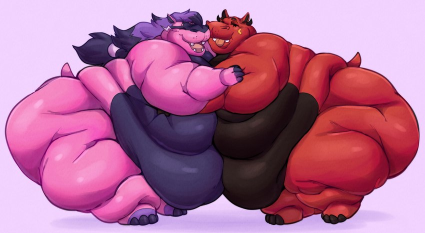 after_transformation anthro cuddling duo hug male male/male morbidly_obese obese overweight overweight_male touching_bellies wiishyishii evan_(snevanessence) snow_the_dragon_(character) common_hippopotamus hippopotamid mammal absurd_res hi_res