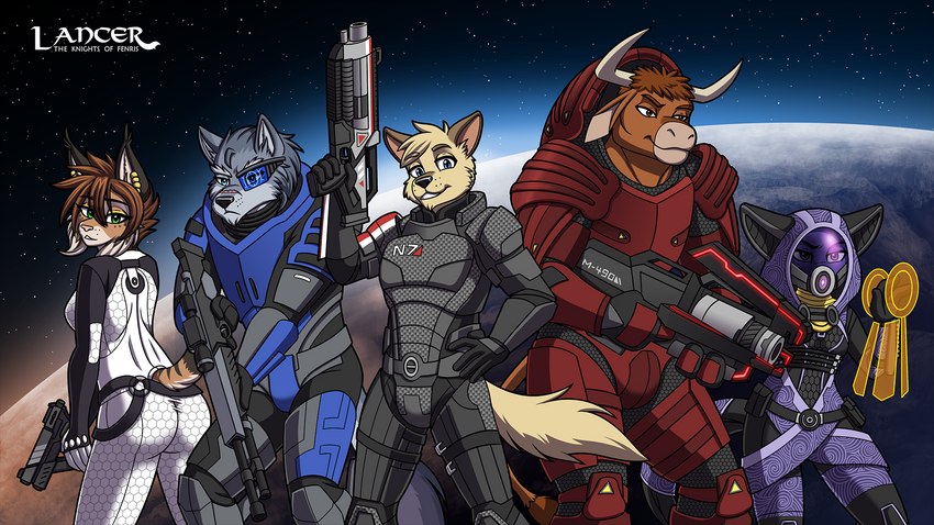 anthro army bodysuit breasts brown_body brown_fur brown_hair butt clothed clothing cosplay female fur grey_body grey_fur group gun hair handgun hood horn male mask pistol planet ranged_weapon rifle scar skinsuit smile space tan_body tan_fur tight_clothing weapon heresy_(artist) bioware electronic_arts lancer:_the_knights_of_fenris mass_effect bosco_mattrick commander_shepard garrus_vakarian jake_marshall mika_fadeneir miranda_lawson rolf_garret tali'zorah tawny_fenner urdnot_wrex bovid bovine canid canine canis cattle domestic_dog felid feline fennec_fox fox lynx mammal true_fox wolf 16:9 2022 digital_media_(artwork) hi_res widescreen