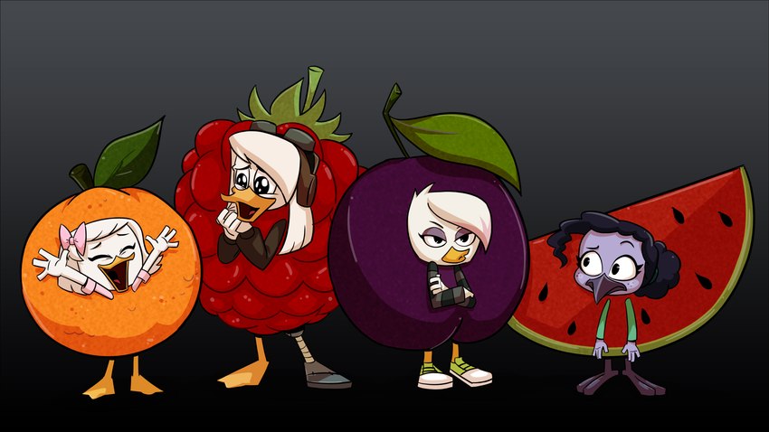 anthro clothing costume eyewear eyewear_on_head female food food_costume freckles fruit goggles goggles_on_head group melon orange_(fruit) orange_costume plant plum_(fruit) plum_costume raspberry raspberry_costume vanderquack watermelon watermelon_costume webby khionyohannmendoza disney ducktales ducktales_(2017) della della_duck lena lena_(ducktales) sabrewing violet_sabrewing webby_vanderquack anatid anseriform apodiform avian bird duck hummingbird 16:9 4k absurd_res hi_res widescreen