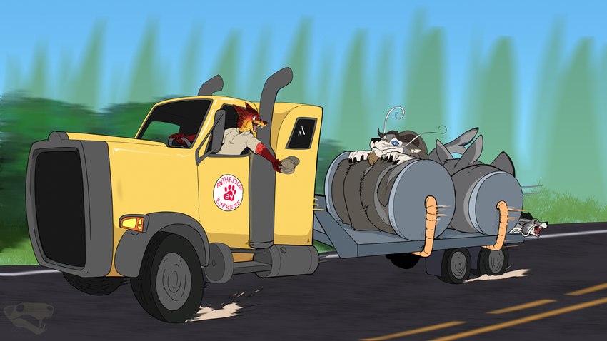 blue_eyes clothing driving female fur grey_body grey_fur highway male orange_body orange_fur red_body red_fur shirt topwear truck_(vehicle) truck_bed trucker trucker_hat vehicle yellow_body yellow_fur wicked_whiskers zgf_art mythology amara_excavar aviatingwolf seda dragon eastern_dragon enfield mythological_creature mythological_scalie scalie 16:9 2024 absurd_res hi_res huge_filesize widescreen