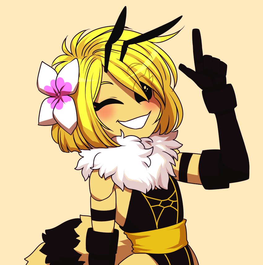 accessory antennae_(anatomy) anthro arthropod_abdomen black_eyes black_sclera blonde_hair blush bob_cut clothed clothing eye_through_hair eyebrow_through_hair eyebrows female finger_gun flower flower_in_hair gesture gloves hair hair_accessory hand_gesture handwear neck_tuft no_pupils one_eye_closed plant short_hair smile solo translucent translucent_hair tuft waistband wink lui-ra bianca_(lui-ra) arthropod bee hymenopteran insect cel_shading colored portrait shaded three-quarter_portrait