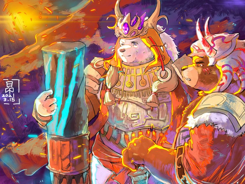 anthro armor brown_body brown_fur clothed clothing detailed_background duo facial_markings fur hat head_markings headgear headwear humanoid_hands kemono male markings outside slightly_chubby sunset white_body white_fur 6heiang27 sdorica crushfang_(sdorica_sunset) dagger_(sdorica_sunset) bear mammal polar_bear ursine 2021 4:3 hi_res