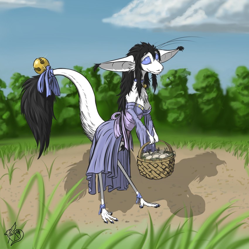 accessory anthro basket bell black_hair breasts clothing container day digitigrade dress female furgonomics grass hair holding_basket holding_container holding_object looking_at_viewer outside plant purple_sclera smile solo standing tail tail_accessory tail_bell topwear tersethra out-of-placers eavy_(character) mammal yinglet 1:1 2018 digital_media_(artwork) hi_res signature