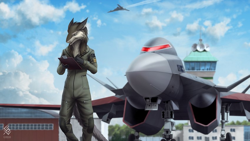 aircraft airplane anthro blue_sky cheek_tuft clothed clothing cloud detailed_background ears_back facial_tuft fur green_eyes green_uniform grey_body grey_fur holding_note_pad jet male mouth_closed outside pivoted_ears sky solo standing tail tuft vehicle white_body white_fur x-02s_strike_wyvern cereus93 ace_combat ace_combat_7 sergal