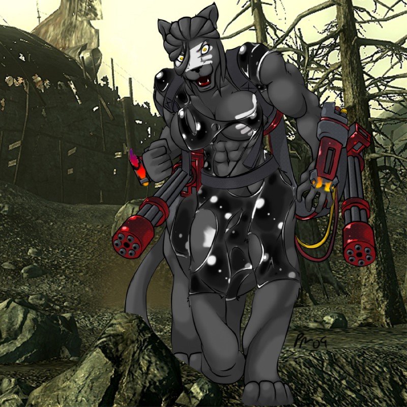 abs angry clothing female gatling_gun gun looking_at_viewer machine_gun minigun muscular muscular_female muscular_taur ranged_weapon solo tail teeth torn_clothing weapon severus fallout microsoft feyrin felid mammal taur 1:1