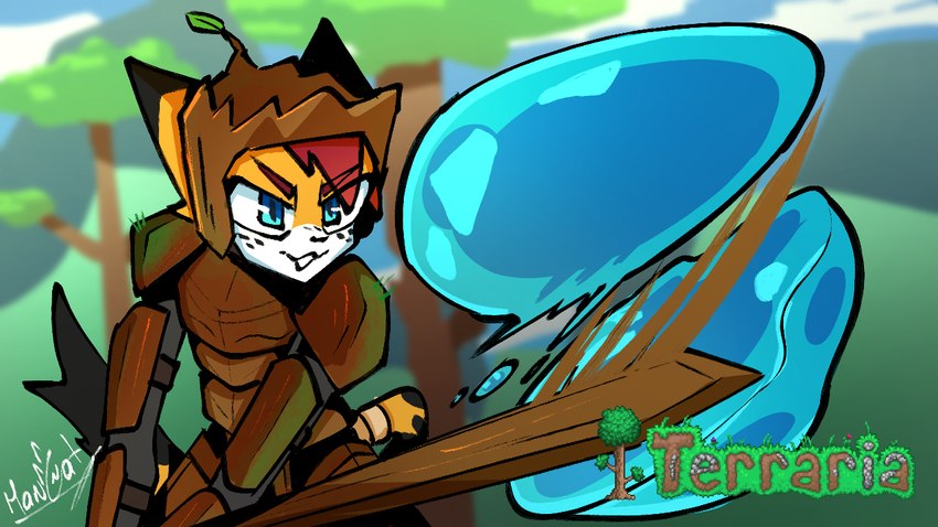 anthro armor fight male melee_weapon slime solo sword weapon harucat terraria domestic_cat felid feline felis mammal slime_(terraria) 16:9 widescreen