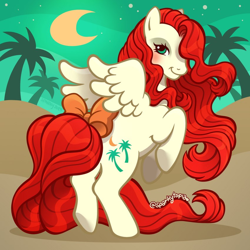 accessory blush bow_ribbon closed_smile cutie_mark eyelashes feathered_wings feathers female feral fur furgonomics green_eyes green_sky hair hooves long_hair long_mane long_tail mane moon mouth_closed night on_hind_legs orange_bow outside palm_tree plant quadruped red_hair red_mane red_tail ribbons sand side_view sky smile solo star starry_sky tail tail_accessory tail_bow tail_ribbon tan_body tan_feathers tan_fur tan_hooves tan_wings tree wings sparkytopia hasbro mlp_g1 my_little_pony mythology paradise_(mlp) equid equine mammal mythological_creature mythological_equine pegasus 1:1 2024 artist_name colored digital_drawing_(artwork) digital_media_(artwork) hi_res shaded simple_shading