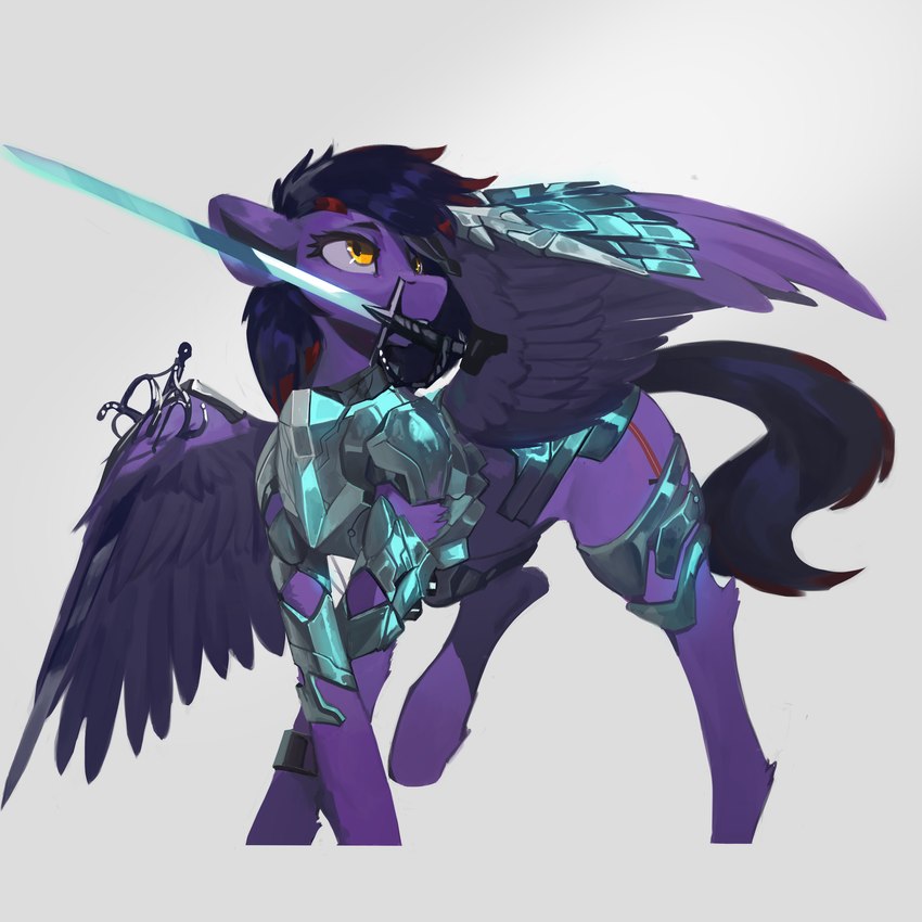 armor cutie_mark female feral looking_away melee_weapon raised_leg rapier saber simple_background solo sword sword_in_mouth weapon white_background wings nsilverdraws hasbro my_little_pony mythology equid equine mammal mythological_creature mythological_equine pegasus 1:1 absurd_res hi_res