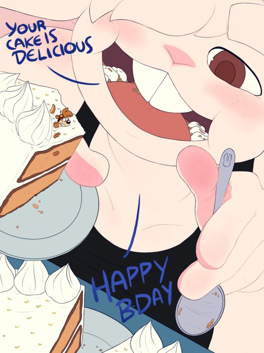 anthro biped birthday cake dessert dialogue duo food fur hair imminent_vore larger_anthro larger_male macro male male/male micro size_difference smaller_anthro smaller_male teeth tongue white_body white_fur white_hair pozole pozole_(character) lagomorph leporid mammal rabbit 3:4 digital_drawing_(artwork) digital_media_(artwork) hi_res