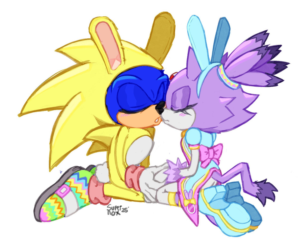 almost_kissing alternate_costume anthro blush bodysuit bow_ribbon bunny_costume clothing costume duo eyes_closed fake_ears fake_rabbit_ears female hand_holding holidays kneeling male male/female romantic romantic_couple skinsuit tight_clothing supernoxxed easter sega sonic_speed_simulator sonic_the_hedgehog_(series) blaze_the_cat sonic_the_hedgehog domestic_cat eulipotyphlan felid feline felis hedgehog mammal hi_res