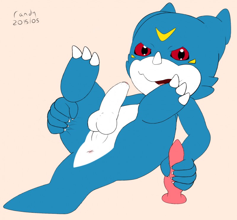 anthro anus biped blue_body blue_skin dildo erection foreskin genitals grin legs_up looking_at_viewer lying male on_back partially_retracted_foreskin penis perineum presenting presenting_anus sex_toy smile solo spread_legs spreading myartsucks bandai_namco digimon digimon_(species) veemon 2015 digital_media_(artwork) flat_colors hi_res signature