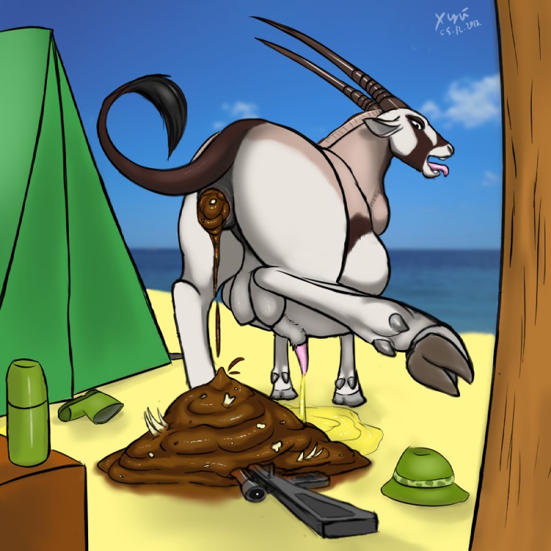 after_vore bone bones_in_feces camping clothing death digestion disposal feces feral gun hat headgear headwear horn hunter object_in_feces ranged_weapon scatplay seaside solo vore weapon xyi antelope bovid grazing_antelope human mammal oryx 1:1 2017 digital_media_(artwork)