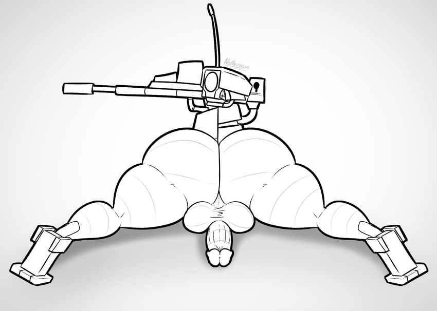 1_eye antennae_(anatomy) balls big_butt biped butt erection featureless_feet feet genitals gun head_cannon humanoid_genitalia humanoid_penis looking_at_viewer looking_back machine male penis perineum presenting presenting_hindquarters ranged_weapon simple_background solo thick_thighs weapon white_background notherneon new_blood_interactive ultrakill sentry_(ultrakill) animate_inanimate humanoid living_gun living_machine living_ranged_weapon living_weapon robot 2023 digital_drawing_(artwork) digital_media_(artwork) hi_res monochrome