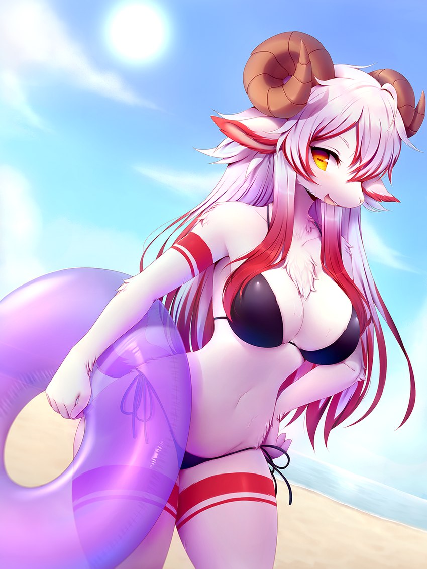 anthro big_breasts bikini breasts chest_tuft clothing female fur hair horn outside seaside smile solo swimwear tuft two-piece_swimsuit water conditional_dnp crunchobar abi bovid caprine domestic_sheep hair_sheep mammal sheep wiltshire_horn 2018 digital_media_(artwork) hi_res