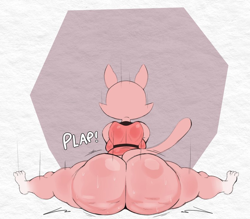 anthro big_butt biped bodily_fluids bottomless bottomless_anthro bottomless_female butt butt_slam cellulite clothed clothing female flexible huge_butt looking_away onomatopoeia pink_body rear_view simple_background solo sound_effects splits spread_legs spreading sweat sweaty_butt text thick_thighs purple_yoshi_draws super_planet_dolan shima_luan domestic_cat felid feline felis mammal 2024 hi_res