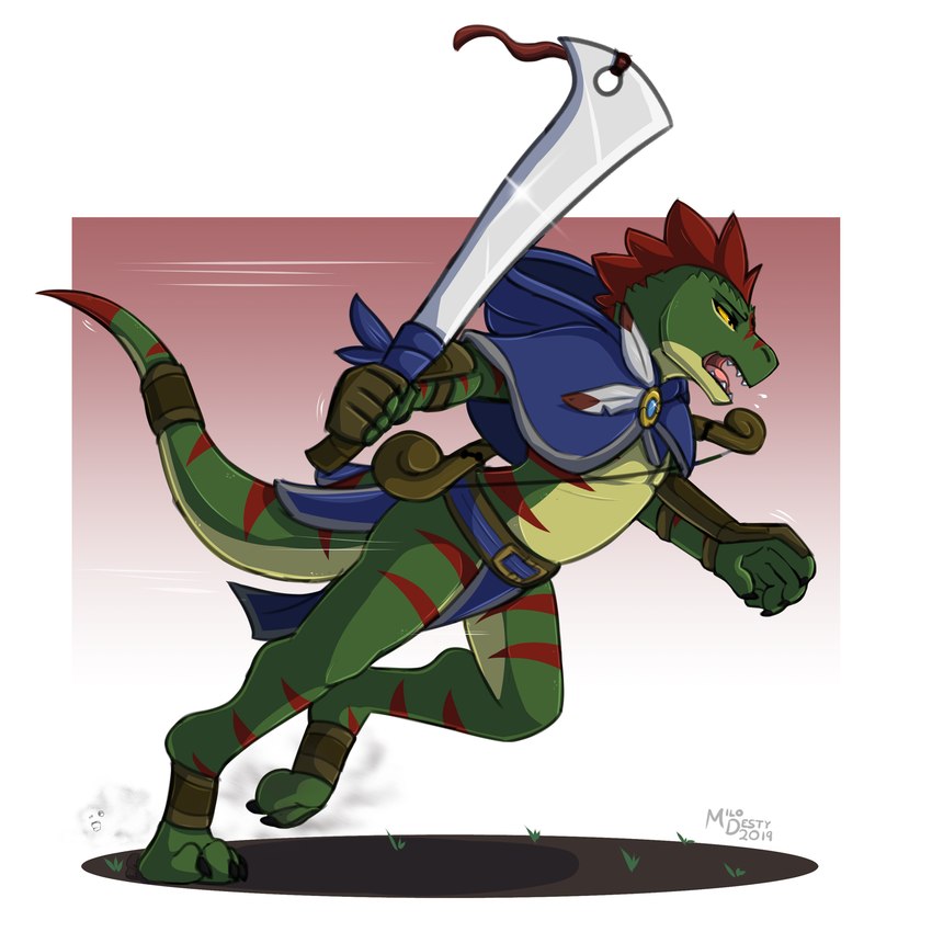 accessory adventurer aggressive angry anthro armor bottomwear bow_(weapon) bracers charge clothing feathers frill_(anatomy) furgonomics head_crest head_frill jewelry loincloth machete male melee_weapon ranged_weapon solo tail tail_accessory tail_bracelet tail_jewelry weapon milodesty rivocie_(rawrzky) lizardman scalie 1:1 2019 hi_res