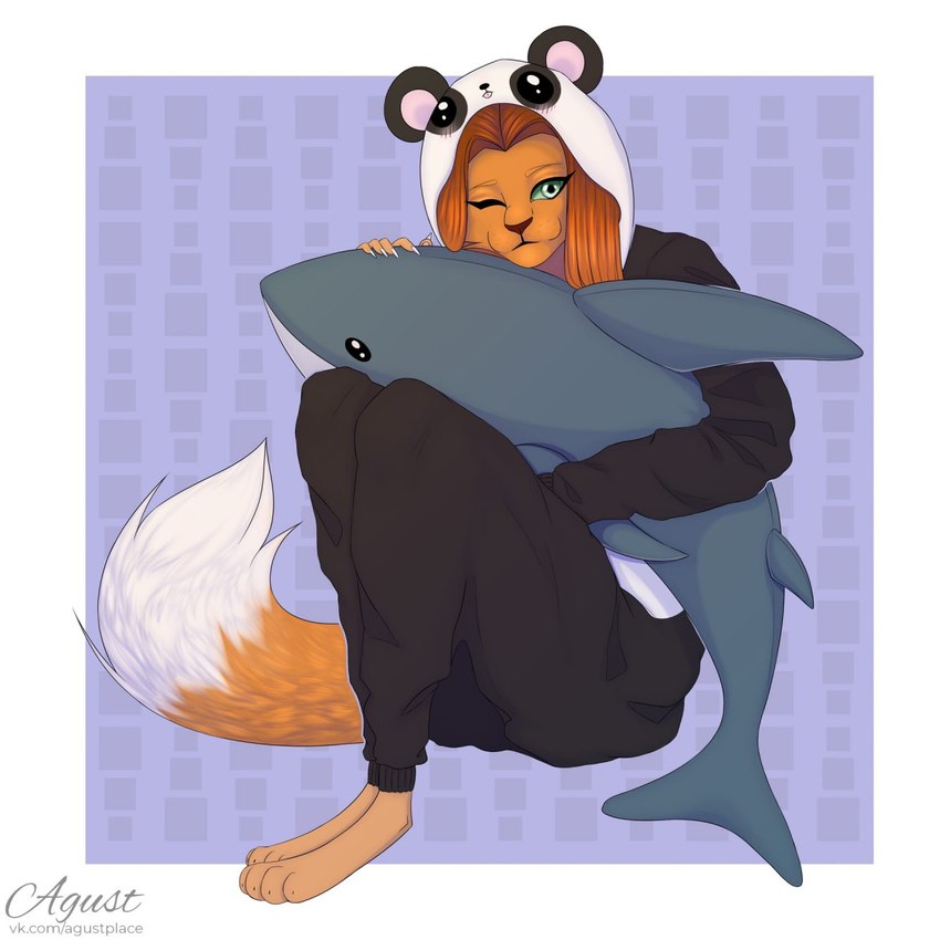 4_fingers 5_fingers abstract_background anthro bent_legs big_tail claws clothing feet female fingers fluffy fluffy_tail fur green_eyes hair kigurumi long_hair looking_at_viewer multicolored_body multicolored_fur one_eye_closed onesie pajamas paws plushie red_hair sitting smile solo tail wink agust ikea blahaj domestic_cat felid feline felis fish mammal marine shark 1:1 hi_res