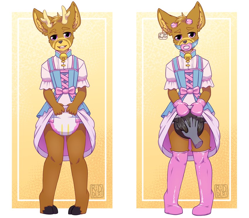 abdl ageplay anthro antlers black_diaper blue_clothing blue_dress brown_body brown_fur clothed clothing crossdressing diaper diaper_check dress duo front_view fur gag head_tuft horn infantilism latex latex_clothing latex_legwear legwear looking_at_viewer male open_mouth pacifier pacifier_gag pink_clothing pink_diaper pink_dress pink_legwear purple_eyes roleplay solo solo_focus standing tan_antlers tan_body tan_fur tuft wearing_diaper white_diaper riddlr omen_(sambo48) deer mammal hi_res multiple_images