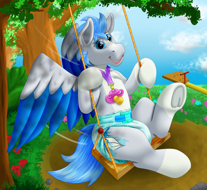 ageplay clean_diaper clothing diaper feral infantilism lanyard male on_swing outside pacifier pacifier_necklace plant playground roleplay seesaw sitting_on_swing smile solo swing tree wings wittleskaj friendship_is_magic hasbro my_little_pony mythology zephyrr equid equine mammal mythological_creature mythological_equine pegasus hi_res