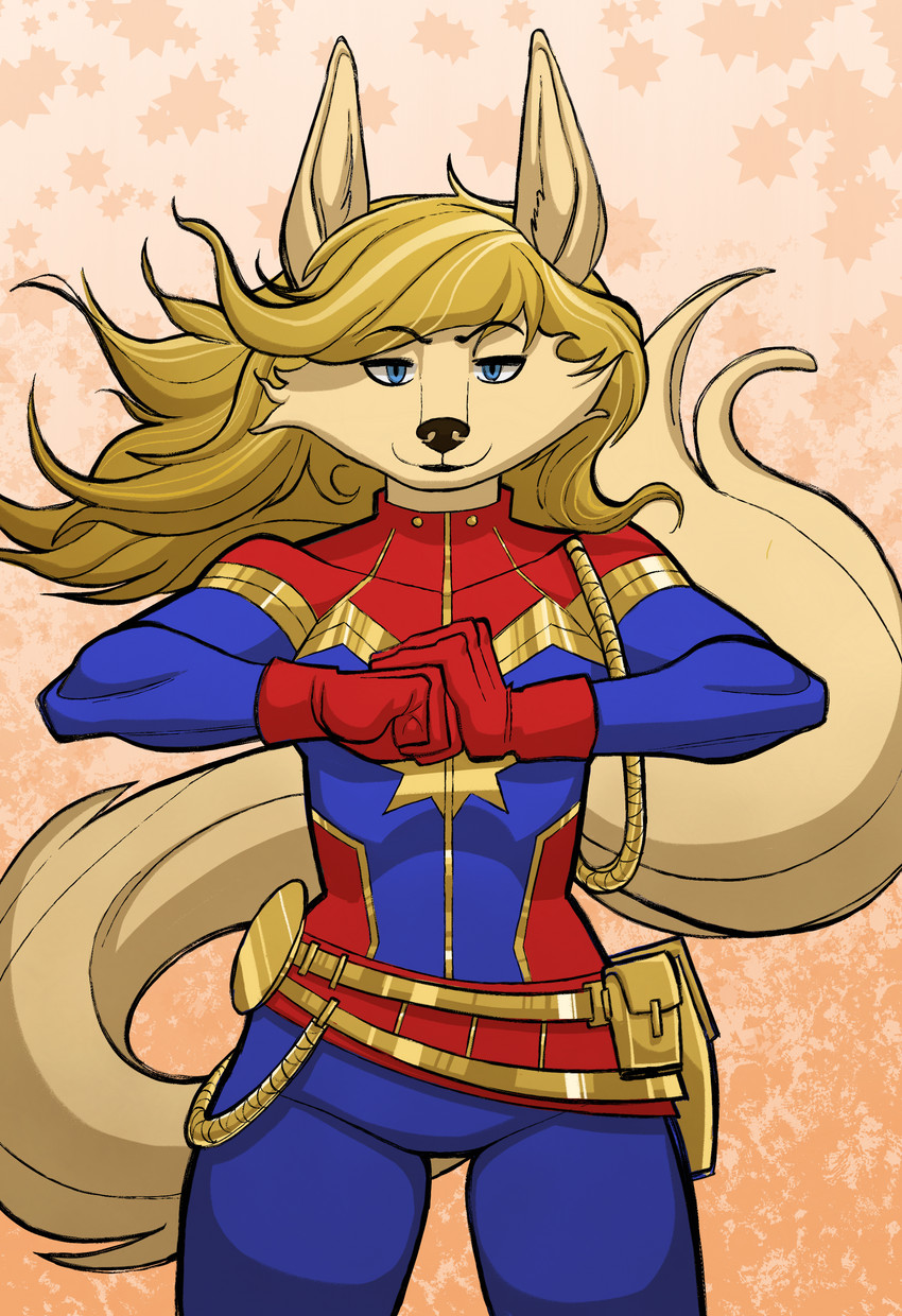 abstract_background anthro belt clothing female hair solo suit kaboozey captain_marvel carol_danvers canid canine mammal 2020 absurd_res hi_res