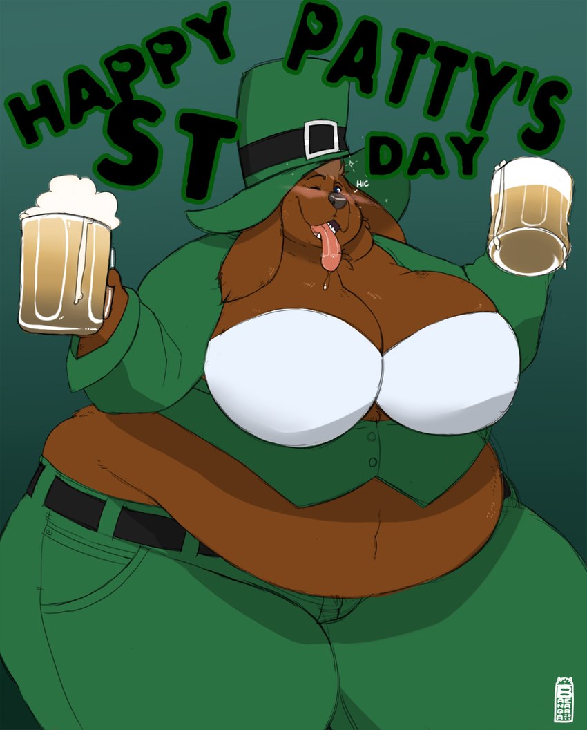 alcohol anthro beer beer_mug beer_stein belly belt beverage big_belly big_breasts big_butt black_belt blue_eyes blush bodily_fluids bottomwear bra breasts brown_body brown_fur brown_hair buckle butt clothing container costume cup drooling drunk eyebrows female floppy_ears fur green_bottomwear green_clothing green_pants green_shirt green_topwear green_vest grey_nose hair hiccuping holidays leprechaun_hat looking_at_viewer muffin_top one_eye_closed overweight overweight_anthro overweight_female pants pink_tongue raised_eyebrow saliva shirt solo stein substance_intoxication teeth text thick_arms thick_thighs tipsy tongue tongue_out topwear underwear vest white_bra white_clothing white_underwear wink winking_at_viewer bangabear st._patrick's_day devin_d_parlett canid canine canis domestic_dog mammal molosser mountain_dog newfoundland_dog digital_media_(artwork)