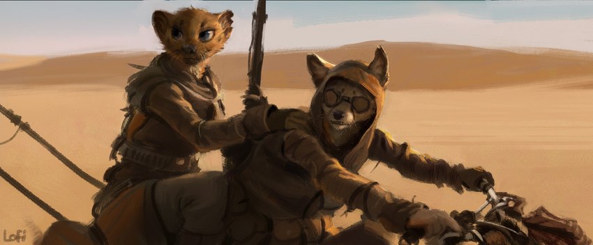 anthro black_nose blue_eyes clothed clothing desert duo eyewear female goggles gun looking_away male notched_ear outside ranged_weapon rifle weapon whiskers lofi mad_max cheetah euplerid felid feline fossa mammal 2016 digital_media_(artwork) hi_res